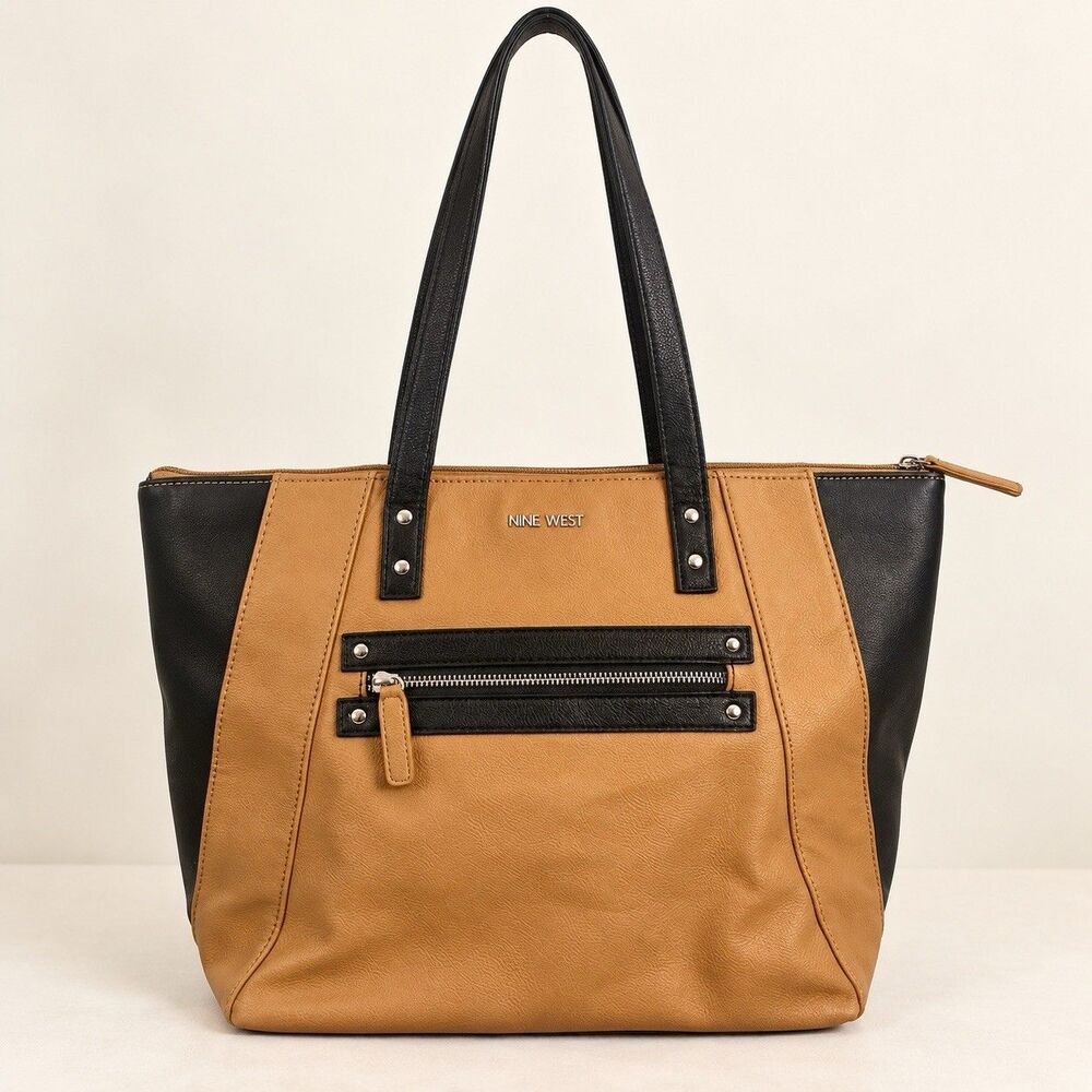 West Tan Black Colorblock Tote Bag Zip Front Pocket Shoulder Purse Carryall